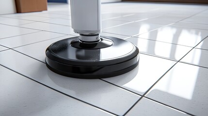 Floor polishing machine in action, close-up shot of its rotating head as it polishes an office floor to a pristine shine.