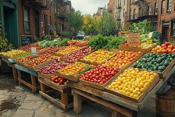 Obraz premium A vibrant farmers market stall with fresh produce, including tomatoes, onions, lemons, and avocados, lined up in wooden crates on a city street.