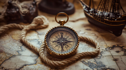 Antique Compass and Rope on Vintage Map