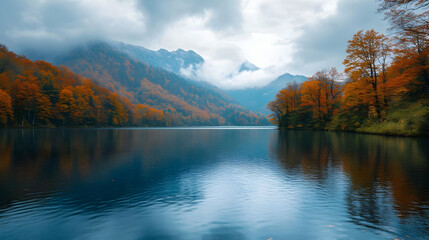 Autumn Lake Landscape Photo - Colorful Forest, Mountains, Reflection