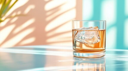 A stylish glass containing an icy beverage rests on a glossy surface, casting vibrant reflections and shadows. The soothing color tones suggest relaxation and leisure.