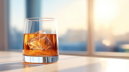 A sophisticated image of a whiskey glass with ice, sitting bathed in the warm glow of sunset by a window, suggesting relaxation and stylish living.