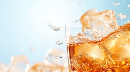 A vivid depiction of an inviting amber-colored drink with ice cubes in a glass, highlighted by droplets and set against a bright blue backdrop, symbolizing refreshment.