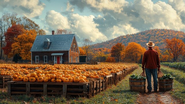 A farmer stands in a pumpkin patch with a farmhouse in the background, with a cloudy autumn sky and hills in the distance.