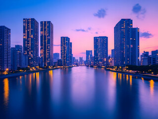 Naklejka premium Urban Landscape Photo, City Skyline at Sunset Reflected in Water