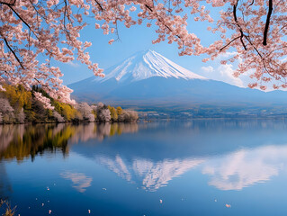 Photo: Majestic Mount Fuji Reflected in Serene Lake with Cherry Blossoms