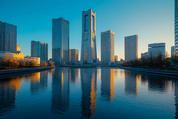 Obraz premium Photo: Yokohama Landmark Tower and Cityscape Reflected in Calm Water at Sunset