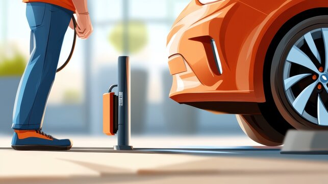 A mechanic in orange attire is using a compressor to check tire pressure on an orange vehicle, with a blurred garage setting in the background and sunlight streaming in.