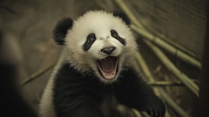 Obraz premium A baby panda is smiling and making a funny face. The baby panda is in a zoo enclosure