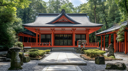 Serene Japanese Temple Photo - Tranquil Garden with Stone Path and Lush Greenery