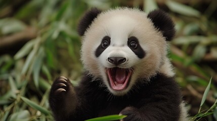 Fototapeta premium A baby panda is smiling and waving at the camera. The baby is surrounded by green leaves and grass