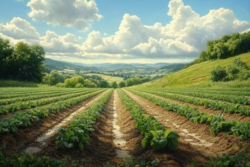 Naklejka premium A picturesque view of a field of green crops stretching out towards distant hills and a blue sky with fluffy white clouds.