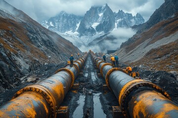 Workers inspect a large pipeline system laid out in a mountainous valley, with snow-capped peaks in the distance.