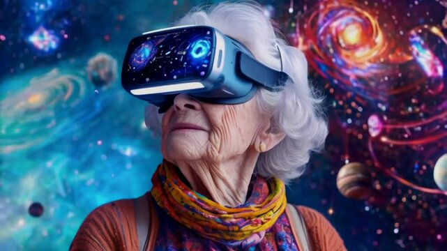 An elderly woman wearing a VR headset, immersed in a cosmic virtual experience.