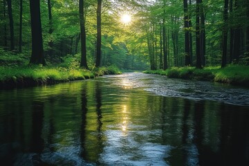 A serene river flows through a lush green forest, with sunlight filtering through the trees and reflecting on the water's surface.