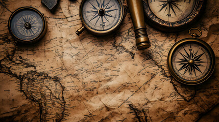Vintage Compasses and Telescope on Old Map: A Journey Through Time