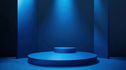 Blue podium mockup. Studio showroom pedestal, fashion showcase mock up scene or exhibition gallery display 3d vector podiums. Product presentation realistic podium or platform illuminated harsh light