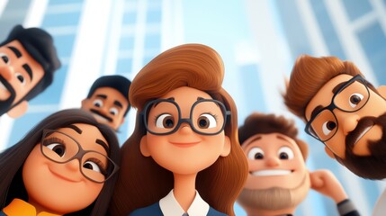 This image shows a group of business people depicted in a cartoon style, all looking skyward, suggesting ambition, teamwork, and looking towards the future.