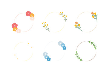 Set of flower round border frame template. Nature, blossom, floral concepts. Flat decorative vector design isolated illustration.