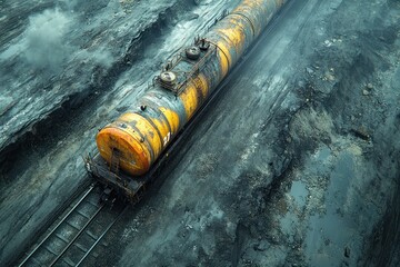 An aerial view of a yellow train car carrying a liquid substance, on a railway track in a large coal mine.