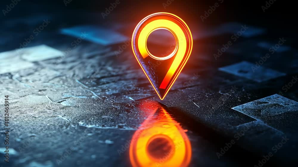Poster glowing location pin on digital surface