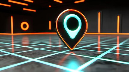Map pin icon in a futuristic AI tech environment, surrounded by digital data points, grids, and neon lights.