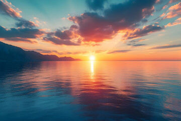 Obraz premium Spectacular Sunset Over Ocean Photo, Orange Clouds, Blue Water, Reflection