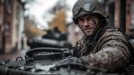 Obraz premium A determined soldier in a muddy uniform, covered in war paint, sits atop a tank, gripping its controls. His intense expression reflects focus and resilience amid a battle setting.