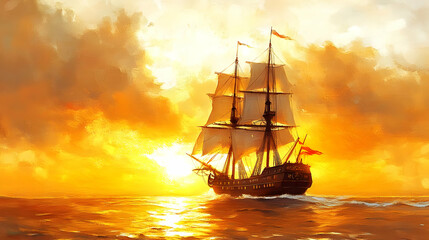 Obraz premium Sailing Ship at Sunset on the Open Ocean
