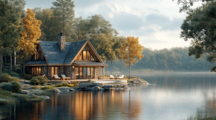 Fototapeta premium A modern cabin with a stone facade and large windows sits on a tranquil lake surrounded by trees, bathed in the soft light of a golden sunset.