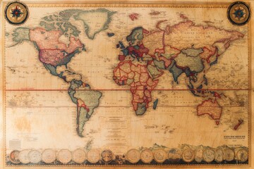 Obraz premium An antique world map with faded colors, showing the continents and countries.
