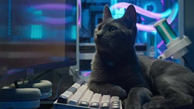 A charming little gray kitten is nestled on the keyboard of the computer, observing the screen in the glow of neon light.