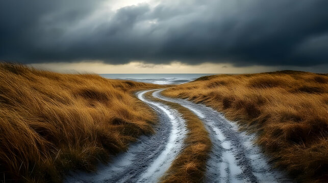 Realistic Photo of a Path to the Sea Through Stormy Dunes