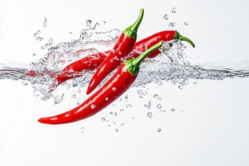 Bright Red Chili Peppers Falling Gracefully with Water Splashes on White Background