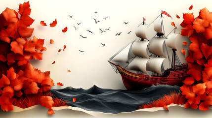 Sailing Ship with Autumn Leaves and Birds