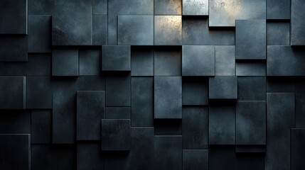 Abstract dark grey 3D textured wall made of squares with light shining from the top.