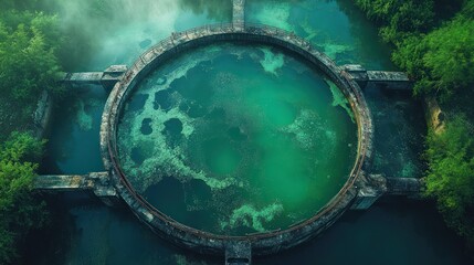 An aerial view of a circular pool of green water surrounded by a stone structure and trees.