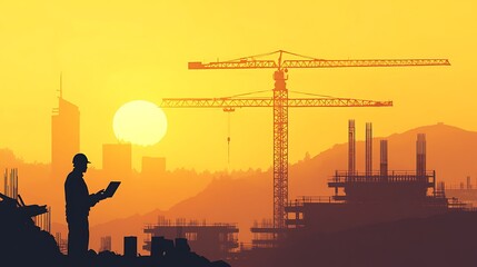 Construction Worker Silhouetted Against Sunset