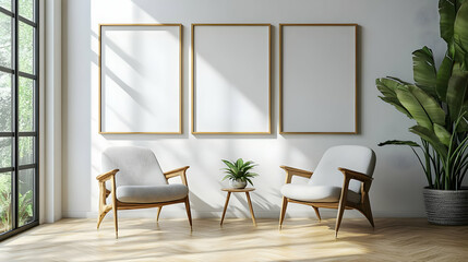 Minimalist Interior 3D Render: White Armchairs, Wood Floor, Large Window