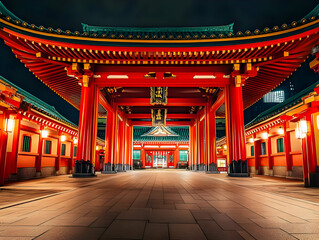 Obraz premium Red Japanese Temple Building Photo - Night Time