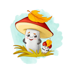 Cute boletus mushrooms, cartoon character. Illustration