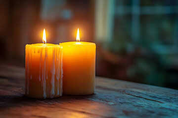 Two Lit Candles Photo, Melting Wax on Wooden Table