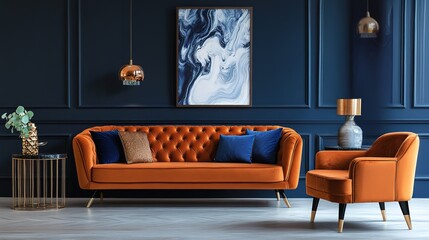 A stylish living room interior featuring an orange sofa and matching armchair against a dark blue classic wall adorned with a marbling poster. The design embodies Art Deco elements,
