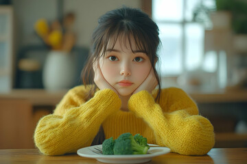 Picky Eater Photo - Girl in Yellow Sweater Unenthused with Broccoli