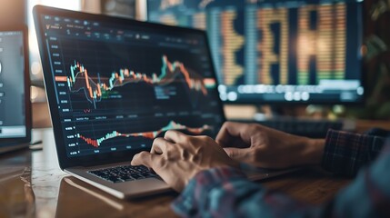 Close Up of Hands Typing on a Laptop with Stock Market Data