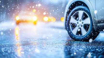 Side view of a car wheel on wet pavement as rain falls at sunset, with city lights reflecting off...