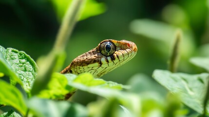 Obraz premium Close-up of a Snake's Head Hidden in Green Leaves