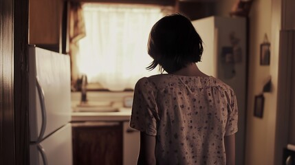 Woman Standing in a Kitchen Looking Away - A Moment of Reflection