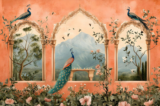 Peacocks in the Garden Illustration