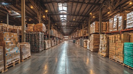 Fototapeta premium A large warehouse with rows of stacked boxes, pallets, and shelves. The warehouse is lit by overhead lights.